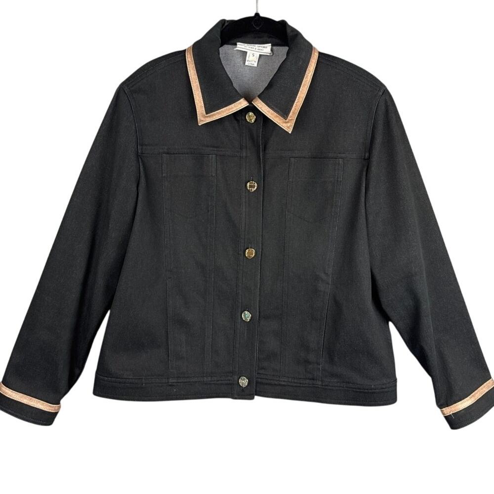 Vintage St. John Black Denim Jacket Leather Trim Size S Quiet Luxury Minimalist